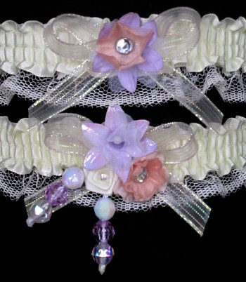 Multi-color Wedding Bridal Prom Garter SET in Orchid Peach Ivory on Ivory Lace