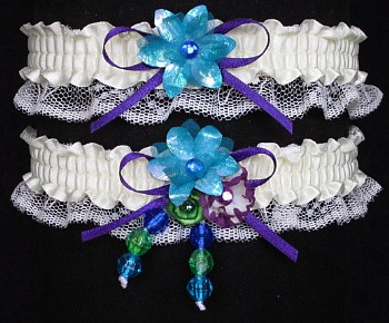 Colorful and Classy Garter Set on Ivory Lace. Peacock-Purple-Green