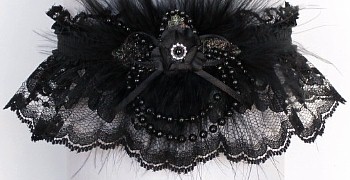 Black Lace Garter with Black Pearls and Feathers. Black Wedding Bridal Prom Garters.