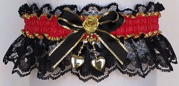 Fancy Bands Hot Red and Black Garter on Black Lace with 2 Gold Hearts. Prom Wedding Bridal Valentine