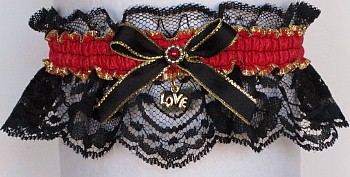 Fancy Bands Hot Red Garter on Black Lace with Gold Love Charm for Prom Wedding Bridal Valentine