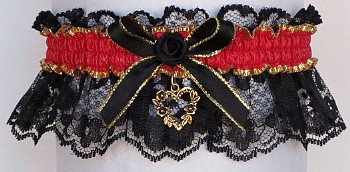 Fancy Bands Hot Red Garter on Black Lace with Gold Open Heart Charm. Prom Wedding Bridal Valentine