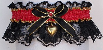 Fancy Bands Hot Red Garter on Black Lace with Gold Puffed Heart. Prom Wedding Bridal Valentine