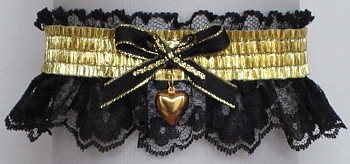 Fancy Bands Black & Gold Garter w/ Puffed Heart Charm. Prom Garter - Wedding Garter - Bridal Garter