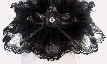 Black Lace Garters with a Crystal Rhinestone & Black Marabou Feathers. Black Wedding Bridal Prom Garter.