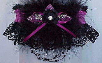 Crystal Rhinestone Black and Pink Garter with Marabou Feathers on Black Lace. Prom Garter - Wedding Garter - Bridal Garter