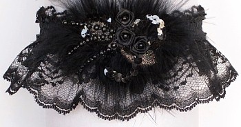 Black Lace Garters. Deluxe Black Sequins 'n Roses Garters with Marabou Feathers. Black Wedding Bridal Prom Garter.
