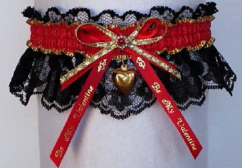 Be My Valentine Garter in Black Lace with Gold Heart Charm. garder