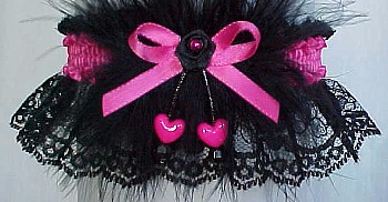 Garter in Black Lace and Double Hearts with Marabou Feathers. Prom Garter, Winter Formal Garter,  garders, garder