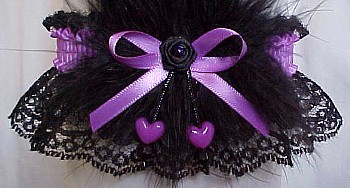 Prom Garter - Wedding Garter - Bridal Garter. Purple and Black Garter w/Dbl Hearts and Marabou Feathers on Black Lace.