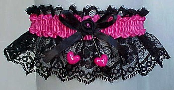 Black and Pink Garter with Double Hearts with No Marabou Feathers. garders, garder