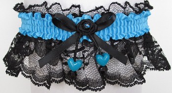 Neon Island Blue Garter with Blue Dbl Hearts on Black Lace for Wedding Bridal Prom