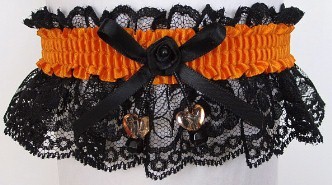 Neon Orange Garter with AB Dbl Hearts on Black Lace for Wedding Bridal Prom