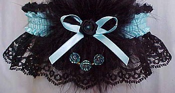 Ocean Blue and Black Garter w/ Faceted Beads & Trim with Feathers on Black Lace. Prom Garter - Wedding Garter - Bridal Garter