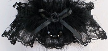 Black Lace Garter with Black Faceted Beads & Marabou Feathers. Black Prom Wedding Bridal Garter.