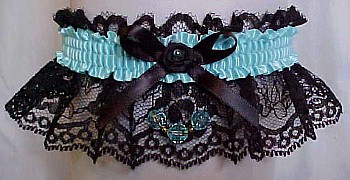 Ocean Blue and Black Garter w/ Faceted Beads and Trim on Black Lace. Prom Garter - Wedding Garter - Bridal Garter