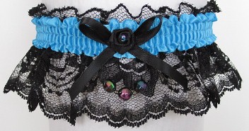 Neon Island Blue Garter with Aurora Borealis Faceted Beads on Black Lace for Wedding Bridal Prom