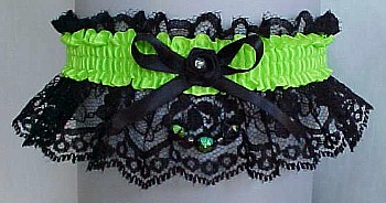 Key Lime Neon Green Garter on black Lace w/ Faceted Beads. Garters for Prom Wedding Bridal. garders, garder