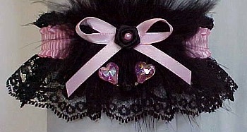 Pink and Black Garter w/ Aurora Borealis Hearts & Trim with Marabou Feathers on Black Lace. Prom Garter - Wedding Garter - Bridal Garter - Valentine Garter