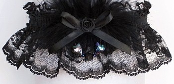 Black Garter. Black Lace Garter with Black Aurora Borealis Hearts & Black Marabou Feathers. Black Wedding Bridal Prom Garter.