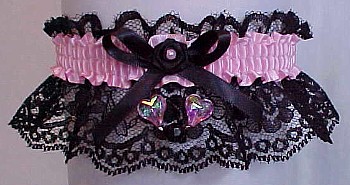 Black and Pink Garter with Aurora Borealis Hearts. Prom Garter - Wedding Garter - Bridal Garter - Valentine Garter