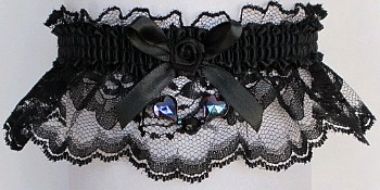 Black Lace Garter. with Black Aurora Borealis Hearts. Black Wedding Bridal Garter.
