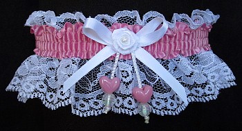 Wild Rose Double Hearts Garter on White Lace for Wedding Bridal Prom Valentine