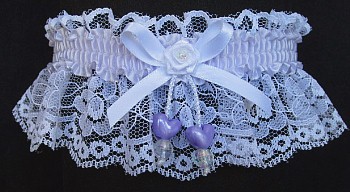 Lilac Mist Double Hearts Garter on White Lace for Wedding Bridal Prom Dance