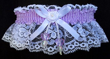 Lt Orchid Double Hearts Garter on White Lace for Wedding Bridal Prom