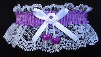 Grape Double Hearts Garter on White Lace for Wedding Bridal Prom Valentine
