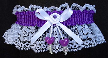 Purple Double Hearts Garter on White Lace for Wedding Bridal Prom Valentine