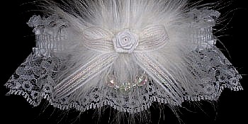 White Lace Wedding Bridal Garter with Crystal Aurora Borealis Faceted Beads & Marabou feathers. garders, garder