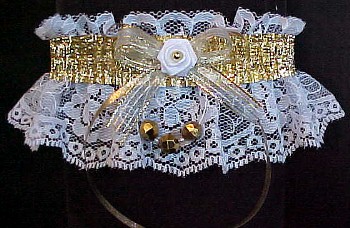 Gold Metallic Garters w/ Faceted Beads on white lace. Fancy Bands Prom Garter - Wedding Garter - Bridal Garter