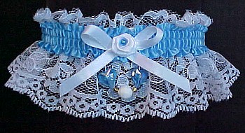 Prom Garter - Wedding Garter - Bridal Garter - White and Blue Aurora Borealis Hearts Garters w/ Colored Band on White Lace for Wedding Bridal or Prom.