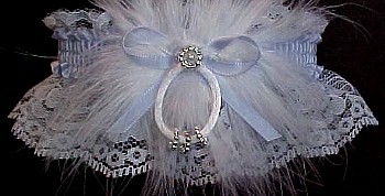 Blue & White Garter for with Silver beaded rings and feathers. Blue garter for the bride. Blue garter for the wedding. garder
