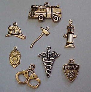 Charms. Fireman Stuff, Fire Truck, Fireman Hat, Fireman Axe, Fire Hydrant, Police Badge, Police Handcuffs, Medical Sign, Police Shield