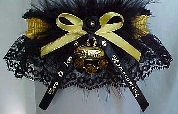 Homecoming Garter Feature with Marabou Feathers, Football Charm, Personalized Homecoming Ribbon Tails. Personalized Homecoming Garters in Your School Colors. garders, garder