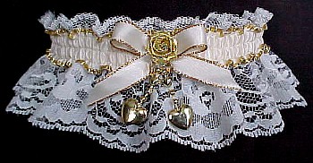 Fancy Bands� Ivory Garter. Ivory Moire Band with a Gold Edge and Satin Bow on Ivory Lace. Your choice of Star, Fancy Flat Pearl, Crimped Pearl, or Heart Trim. MyGarters, My Garters, MyBridalGarter, MyPromGarter, MyPromGarters, garter, garders, garder