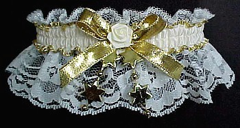 Fancy Bands� Ivory Garter. Ivory Moire Band with a Gold Edge and Gold Metallic Bow on Ivory Lace. Your choice of Star, Fancy Flat Pearl, Crimped Pearl, or Heart Trim. MyGarters, My Garters, MyBridalGarter, MyPromGarter, MyPromGarters, garter, garders, garder