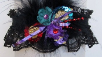  Prom Garter Red Teal Purple w/Feathers on Black Lace
