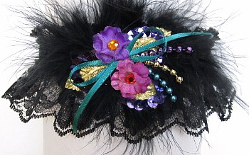 Prom Garter Purple Teal Pink w/Feathers on Black Lace