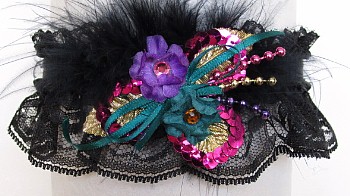 Prom Garter Fuschia Teal Purple w/Feathers on Black Lace