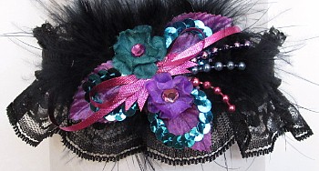 Prom Garter Teal Purple Fuchsia w/Feathers on Black Lace