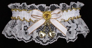 Fancy Bands White & Gold Garters with 2 Gold Hearts for Wedding Bridal Prom Valentine.