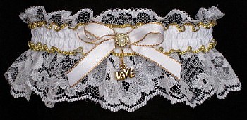 Fancy Bands White & Gold Garters with Gold Love Charm. Prom garter Tradition - Prom Garter - Wedding Garter - Bridal Garter