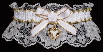 Fancy Bands White & Gold Garters with Gold Open Heart Charm for Wedding Bridal Prom Valentine.