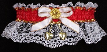 Fancy Bands Hot Red Garter on White Lace w/ 2 Gold Hearts. Prom Wedding Bridal Valentine