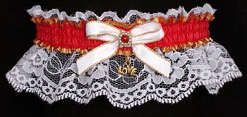 Fancy Bands Hot Red Garter on White Lace w/ Gold Love Charm. Prom Wedding Bridal Valentine