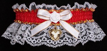 Fancy Bands Hot Red Garter on White Lace w/ Gold Open Heart Charm. Prom Wedding Bridal Valentine