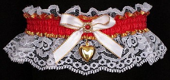 Fancy Bands Hot Red Garter on White Lace w/ Gold Puffed Heart. Prom Wedding Bridal Valentine